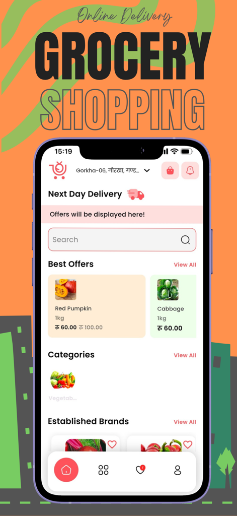 Delli Drop - Delli Drop Mobile App Startbildschirm mit Lebensmittelartikeln und Kategorien für die Lieferung in Nepal