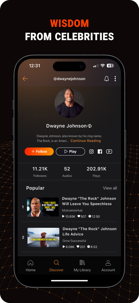 Mindset: Daily Motivation App - Mindset Daily Motivation App screen showing a celebrity profile for Dwayne Johnson with popular motivational audio speeches.