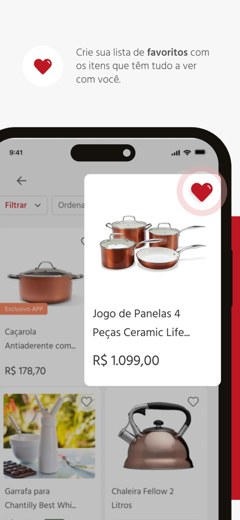Camicado app interface showing how to create a favorites list with home decor products.
