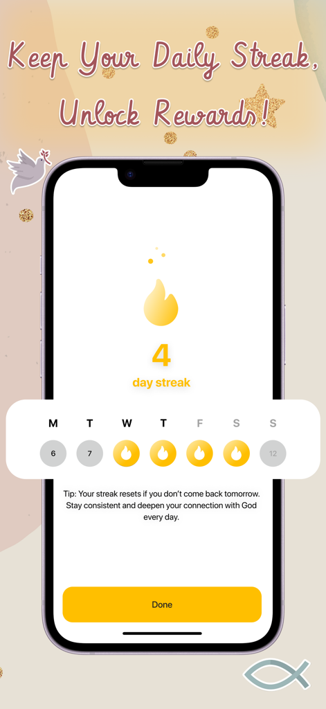 Écran de suivi de la série quotidienne dans l'application BibleChatKids montrant la progression et les récompenses.