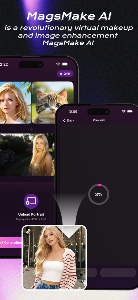 Interface mobile de l'application MagsMake AI montrant le traitement du maquillage virtuel et la fonctionnalité de téléchargement de photos