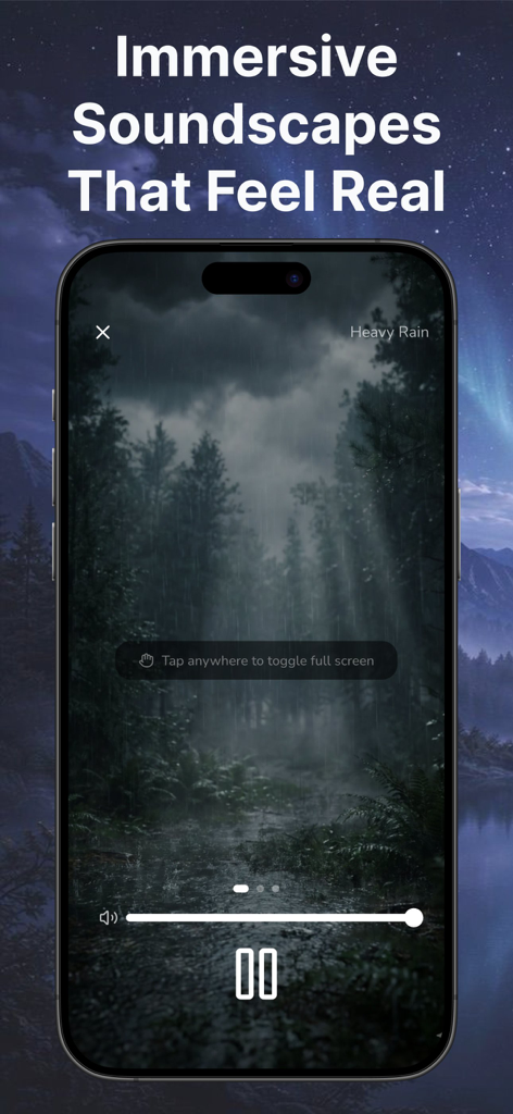 White Noise - Driftly - Smartphone displaying the Driftly app with a heavy rain forest soundscape and immersive visuals
