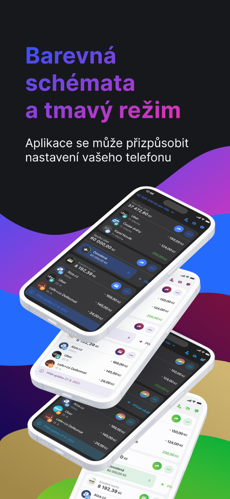 Multiple smartphone screens displaying Moneta Smart Banka app in dark mode and different color themes.