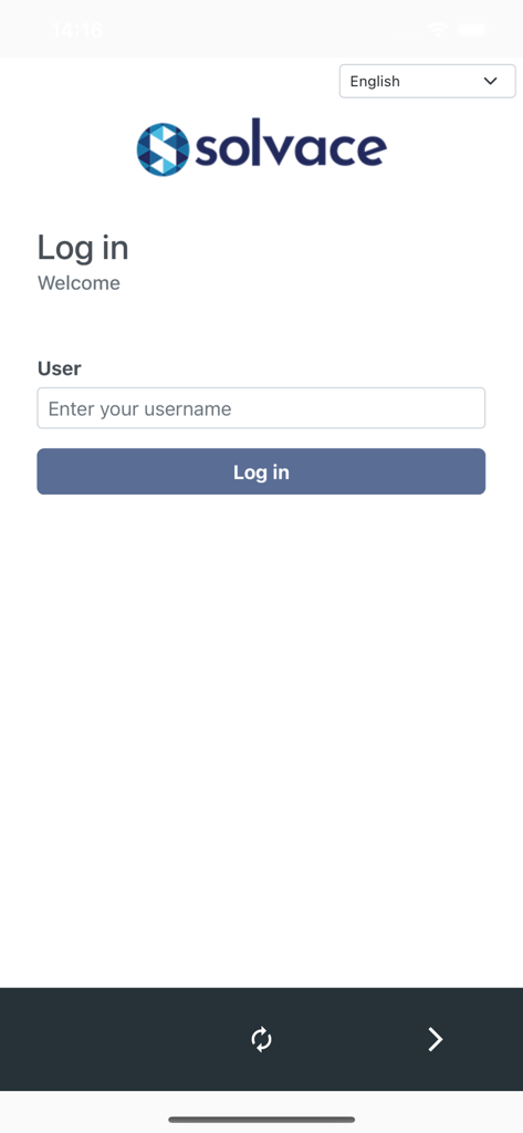 Solvace - Login screen of the Solvace operational excellence application featuring a username field and login button.
