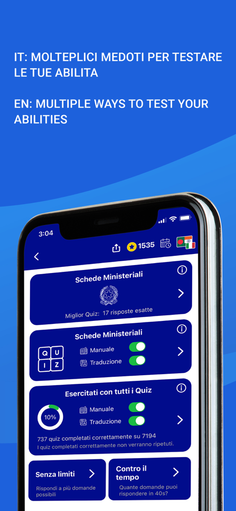 Interface d'application mobile montrant plusieurs modes de test pour l'examen du permis de conduire italien, y compris les quiz ministériels et les traductions.