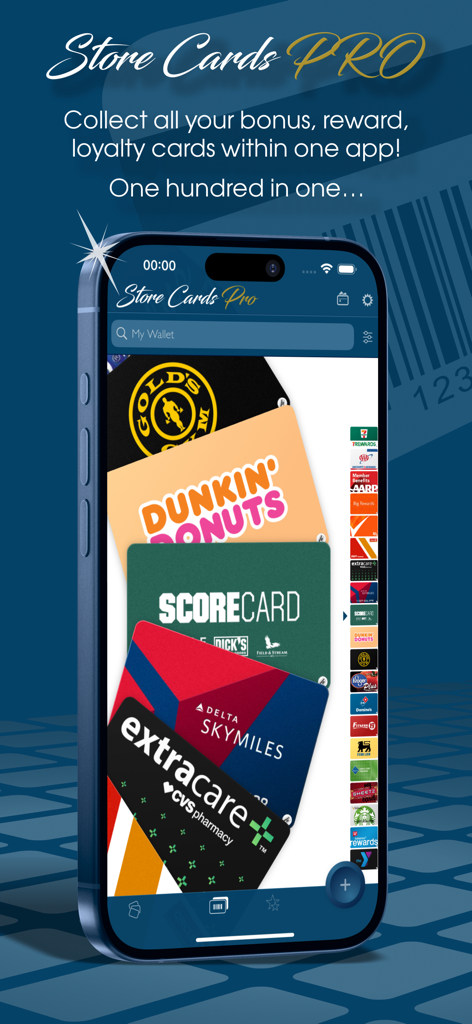 Store Cards Pro mobile App, die mehrere digitale Treue- und Prämienkarten auf einem iPhone-Bildschirm anzeigt