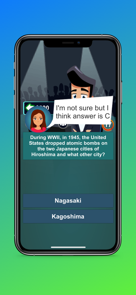 Millionaire Quiz gameplay showing the Phone a Friend lifeline for a history question