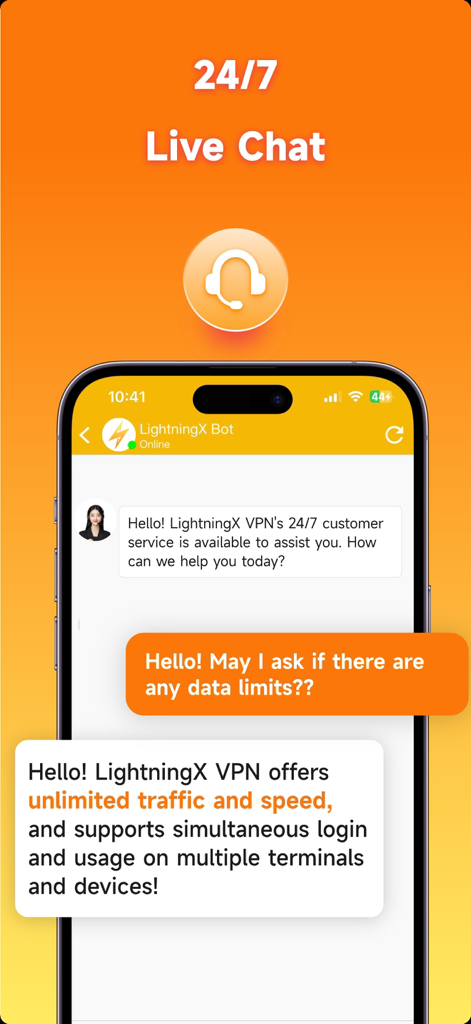 Smartphone screen showing LightningX VPN 24/7 live chat support interface with a conversation about unlimited traffic and speed