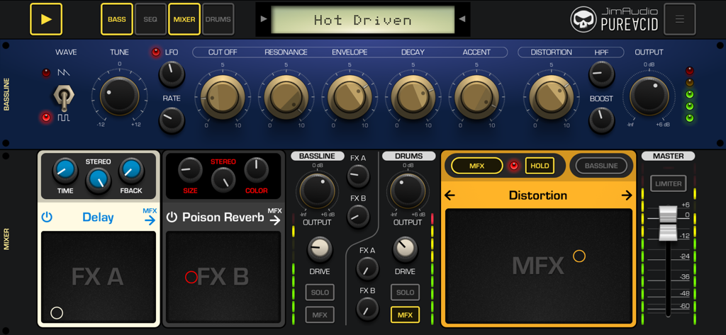 Interface of Pure Acid app showing bassline synthesizer controls and mixer section with delay and reverb effects