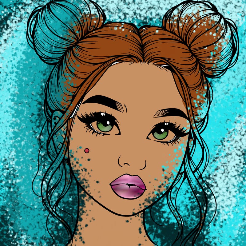 realistic girl with two buns on her hair and lips