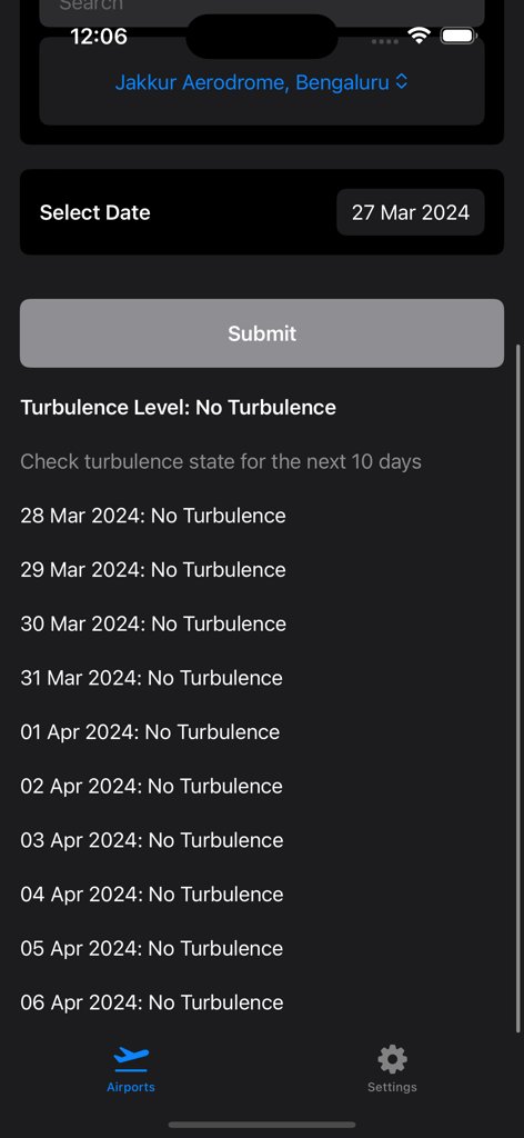 FlyWithoutFear - Captura de pantalla de la aplicación FlyWithoutFear que muestra un pronóstico de turbulencia de 10 días sin turbulencia predicha para las fechas seleccionadas.