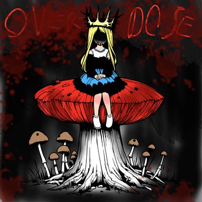 realistic girl sitting on a huge tree stump size toadstool with thorn crown