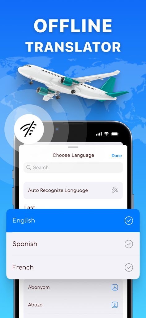 AI Translator・ Voice Translate - AI Translator app interface showing offline mode and language selection for travelers