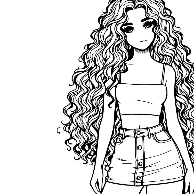 realistic girl with long curly hair with mini skirt and crop top