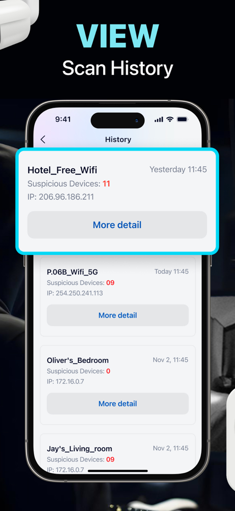 Oberfläche der FindSpy-App, die eine Scan-Historie mit Listen verdächtiger Geräte anzeigt, die an verschiedenen Orten wie Hotels und Schlafzimmern erkannt wurden