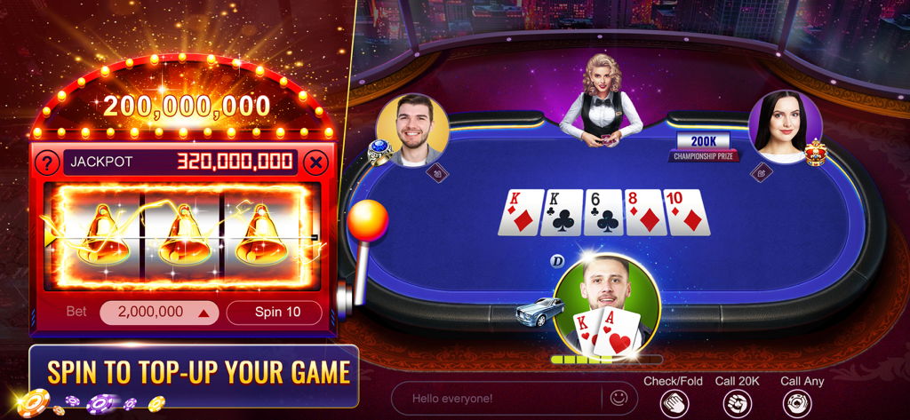 RallyAces Poker - Texas Holdem - Gameplay di un tavolo da poker Texas Holdem con un mini-gioco di slot machine a lato per vincere più chip