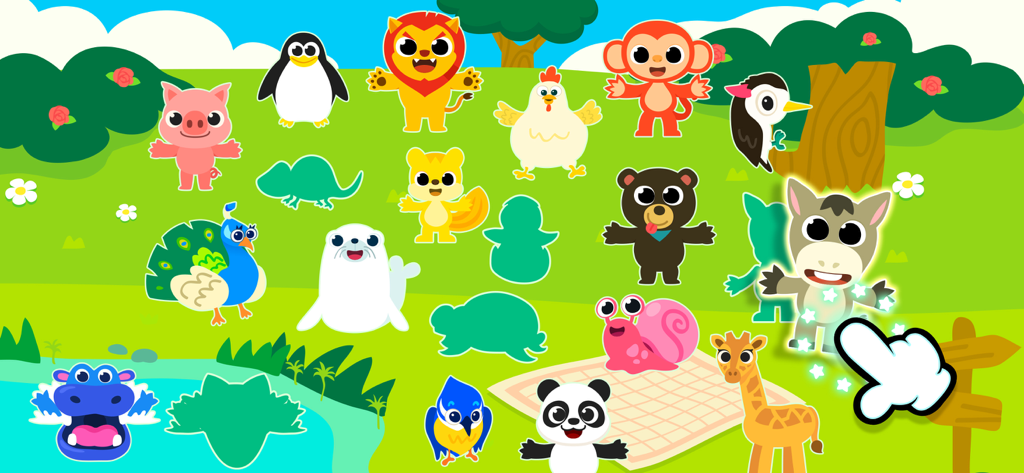 Rompecabezas interactivo de emparejar siluetas de animales en la aplicación educativa Pinkfong Numbers Zoo