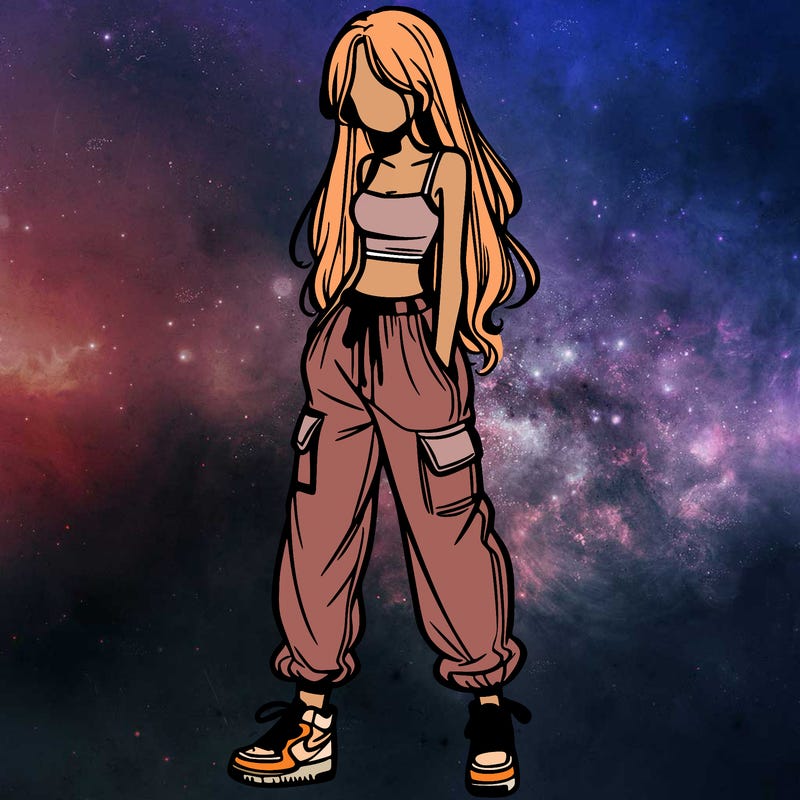 girl in baggy pants crop top and long hair