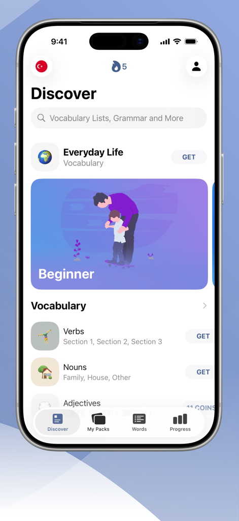 Pantalla de descubrimiento de la app Aprende Turco con LENGO que muestra módulos de vocabulario para principiantes