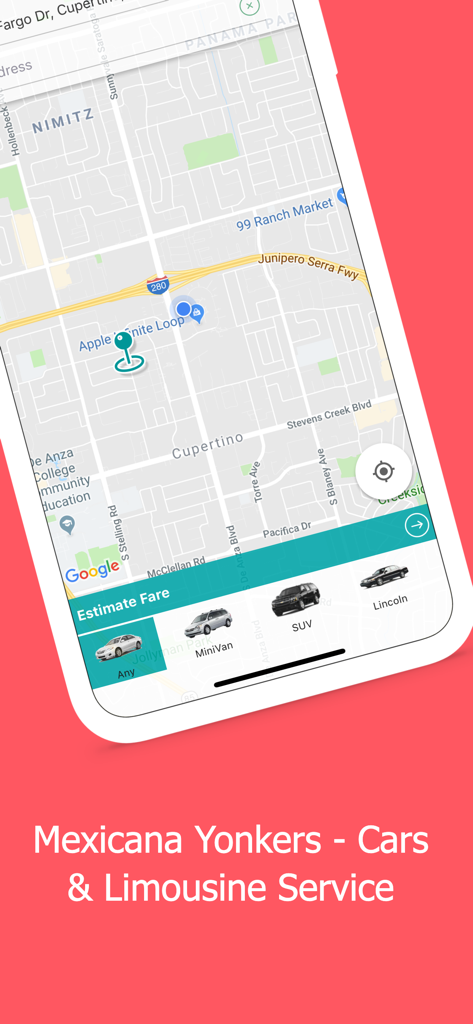 Mexicana Car Service Yonkers - Mexicana Car Service Yonkers mobile app screen showing a map interface and vehicle selection for fare estimation