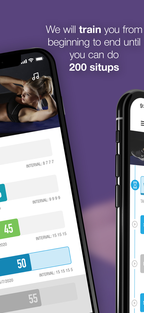 Smartphone display showing the 0-200 Situps Trainer Challenge app workout routine and progress bars