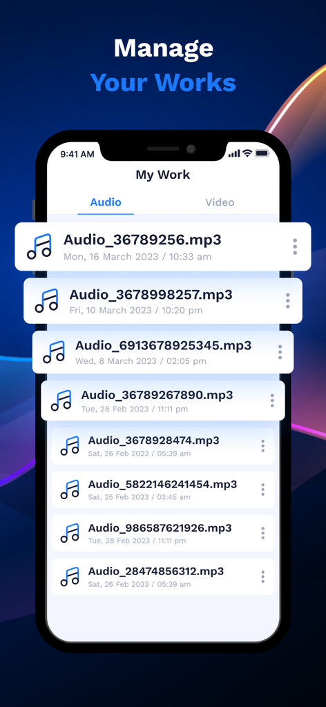 AI Voice Generator app showing a list of saved audio prank recordings in the my work section