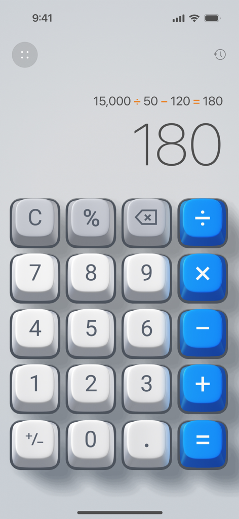 Basic Calculator with History - Tactile 3D calculator interface showing the calculation process and history icon