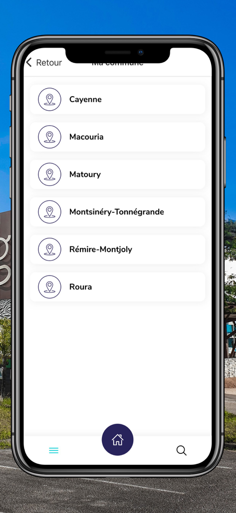 CACL 6-en-1 - Pantalla móvil mostrando una lista de municipios en la Guayana Francesa, incluyendo Cayena y Matoury