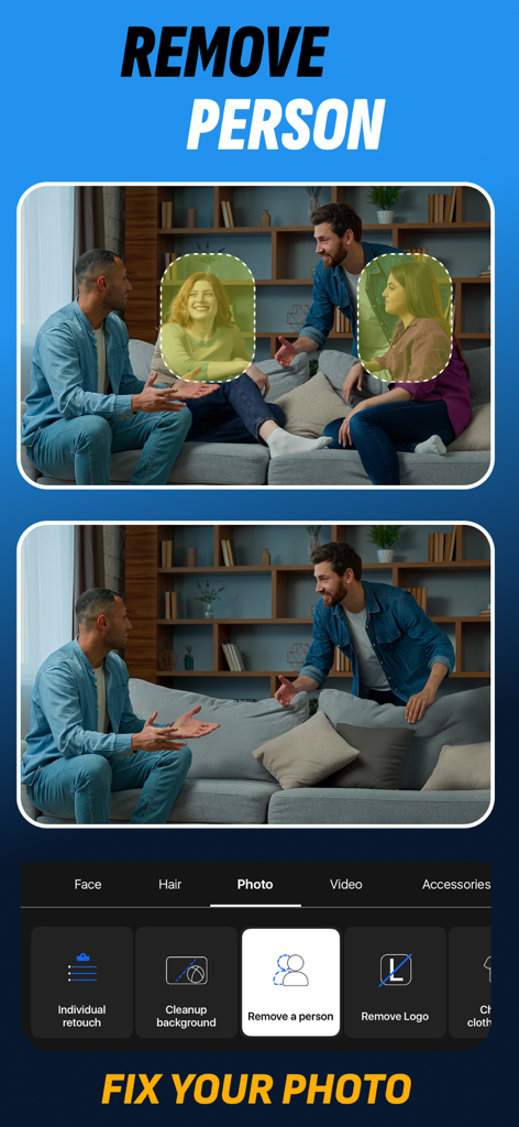 Before and after comparison of removing people from a photo using the Retouch Men app