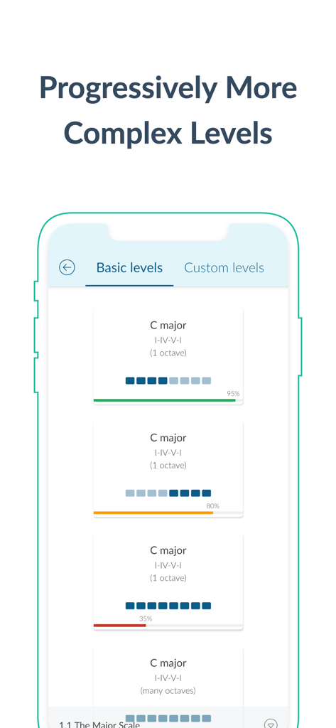 Functional Ear Trainer - Functional Ear Trainer app interface displaying basic music theory levels and progress bars