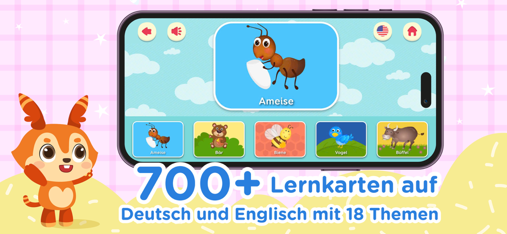 Una aplicación educativa móvil para niños que muestra tarjetas de animales en alemán e inglés con un lindo zorro de dibujos animados.