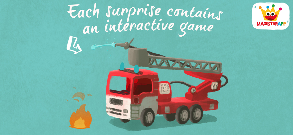 Surprise Easter Games for Baby - A digital illustration of a toy fire truck spraying water on a fire in a kids game