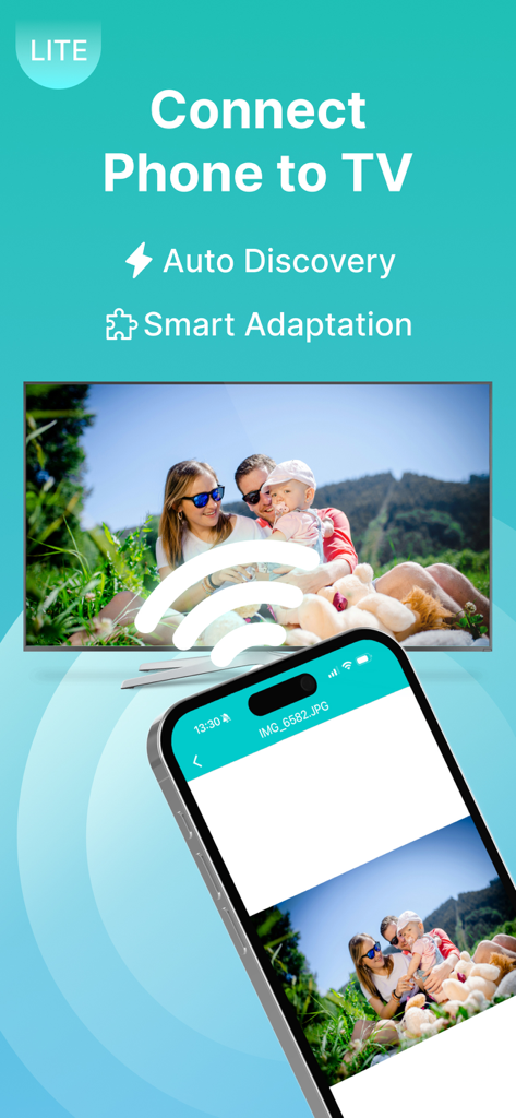 TV Cast: Nero Streaming Player - Smartphone diffusant sans fil une photo de famille sur l'écran d'une smart TV