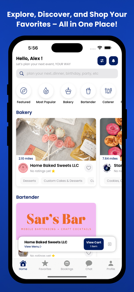 OneStop: For Every Event - La schermata principale dell'app OneStop che mostra gli elenchi di servizi di pasticceria e bartender con un popup del carrello della spesa