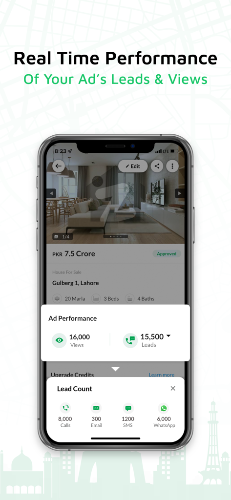 Zameen: No. 1 Property Portal - Real time property ad performance dashboard on Zameen app showing views and leads