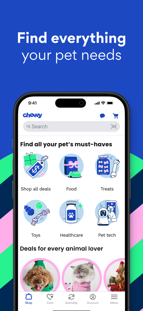 Chewy mobile app home screen showing various pet product categories including food treats and healthcare