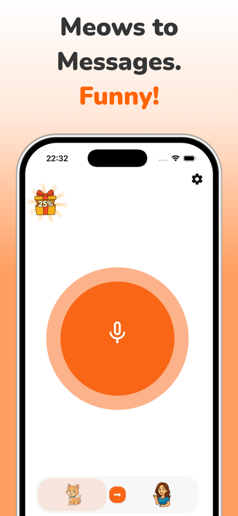 Cat Translator: Talk to Cat - Screenshot of the Cat Translator app interface showing a large microphone button to translate cat sounds into messages.