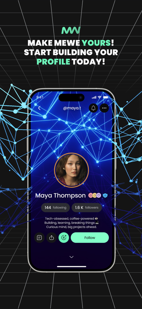 A smartphone screen displaying a MeWe user profile for Maya Thompson with follower counts and a follow button