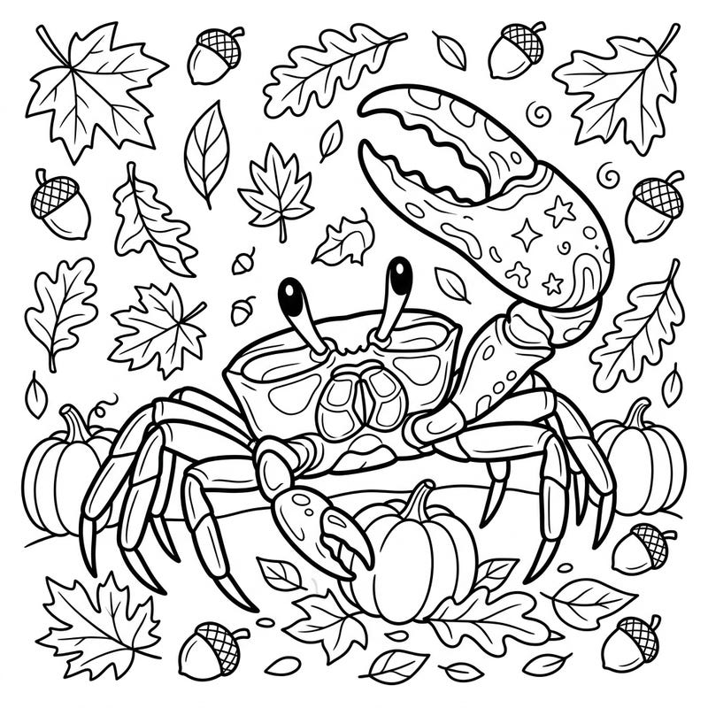 Explore the magic of fall with our charming Fiddler Crab coloring page, specially designed for kids aged 4-8. This delightful scene features a playful crab amidst a bounty of autumn leaves, acorns, and pumpkins, ready for a burst of color.