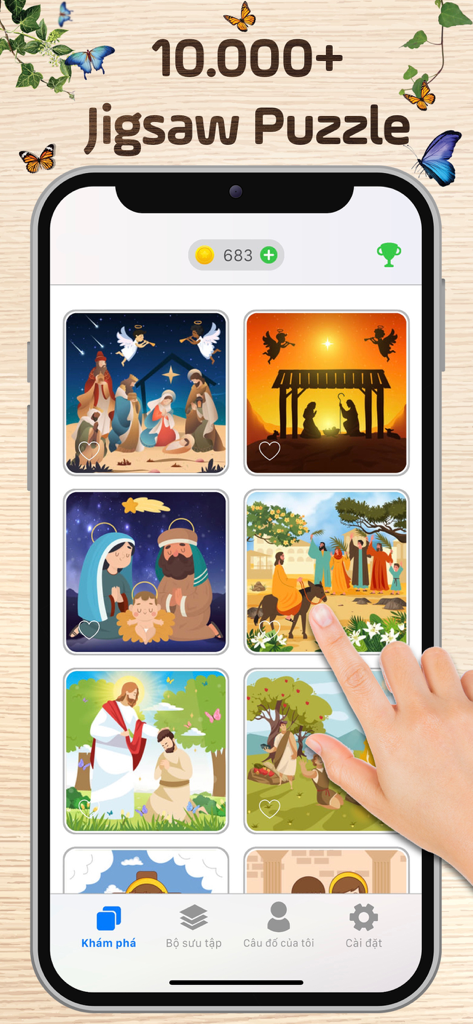 Pantalla móvil que muestra una variedad de rompecabezas temáticos de la Biblia, incluyendo la Natividad y escenas de Jesús