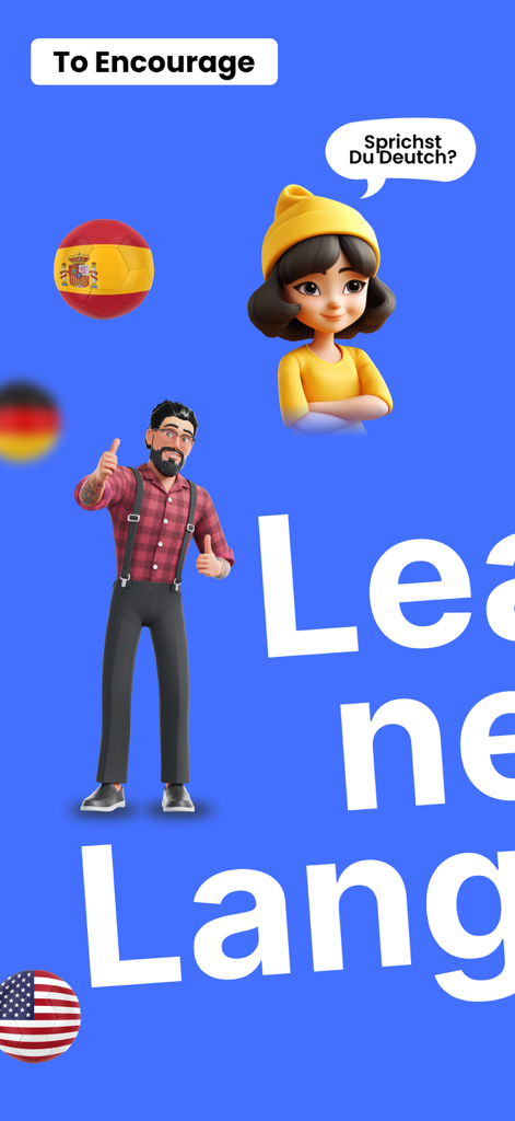 AI Translator Camera & Voice - 3D cartoon avatars and national flags promoting language learning on a blue background