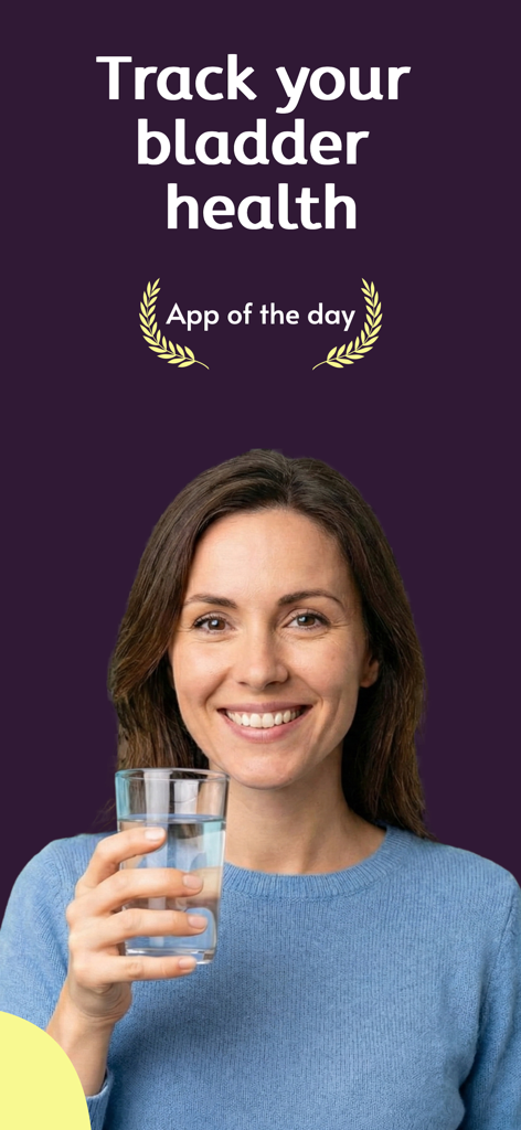 Eine lächelnde Frau, die ein Glas Wasser hält, mit dem Text Track your bladder health und einem App of the Day-Auszeichnungsetikett.