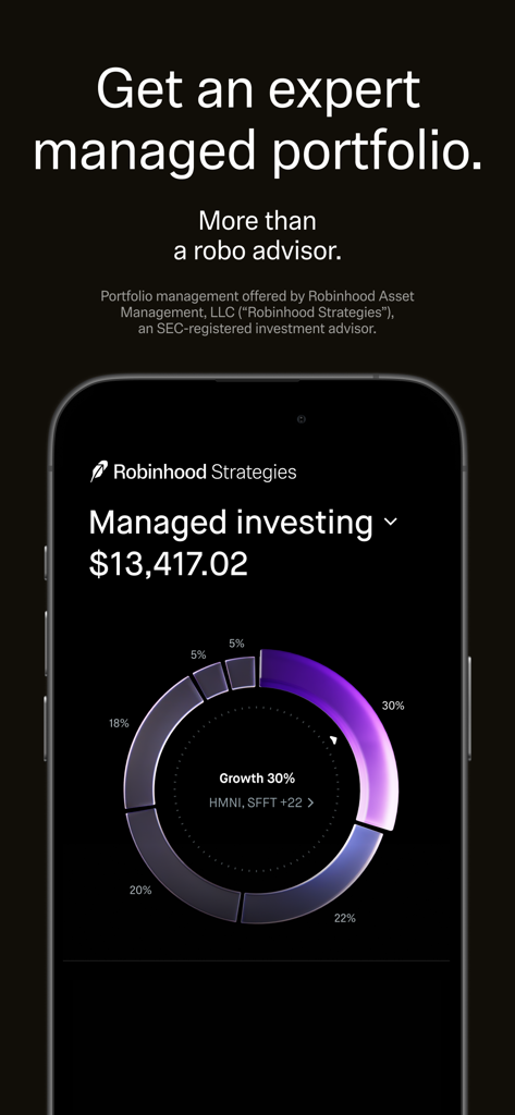 Robinhood app interface showing an expert managed investing portfolio with a growth chart
