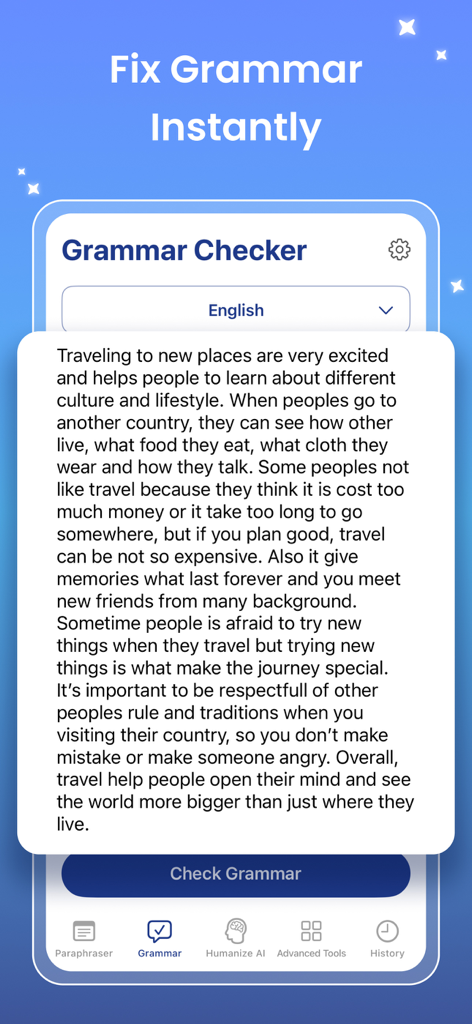 Rewrite: Paraphrase Tool - Mobile app interface of the Rewrite Grammar Checker showing a text box with a travel-themed paragraph for correction.