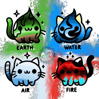 4 cats that represent the different elements, earth, water, air, and fire