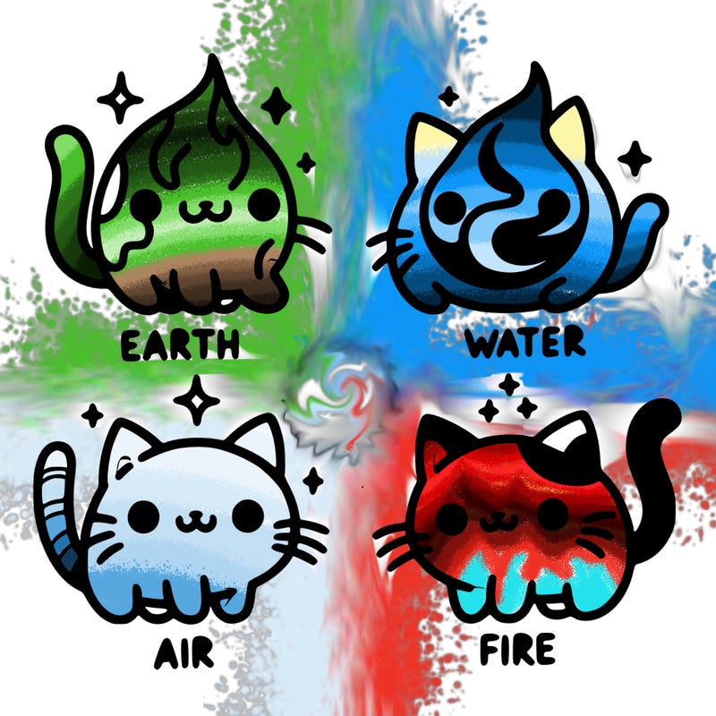 4 cats that represent the different elements, earth, water, air, and fire