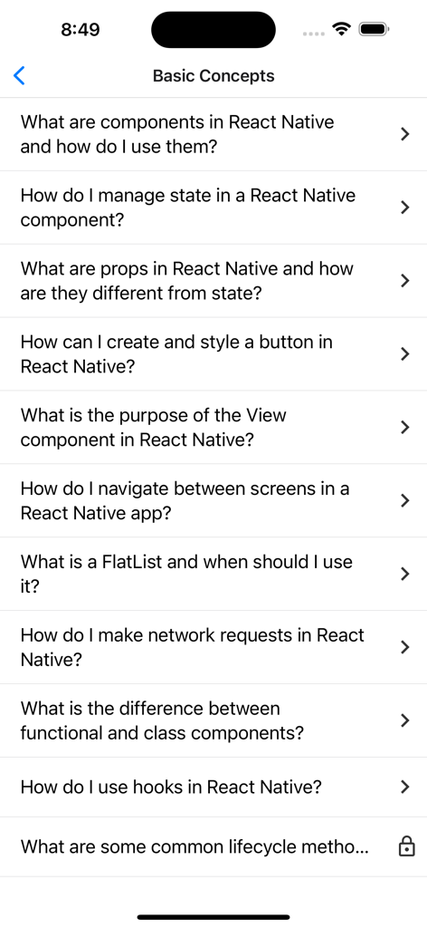 List of frequently asked questions and basic concepts for React Native development displayed in the app