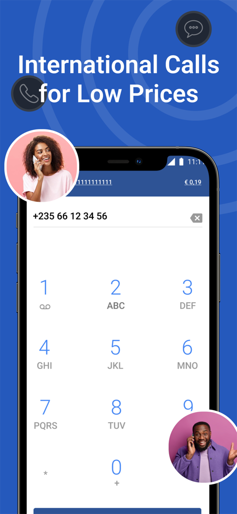 Smartphone screen displaying the Telz app dialer with international calling rates.