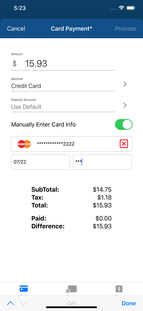 Mobile credit card payment interface in Fishbowl Advanced showing transaction totals and manual card entry fields