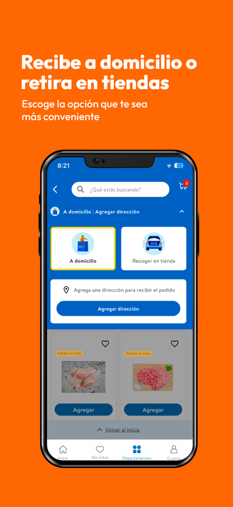 Paiz - Paizアプリの画面には、食料品のオンライン購入のための自宅配送および店舗でのピックアップオプションが表示されています